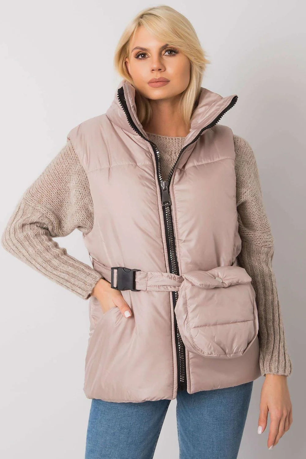 Gilet matelassé marron caramel polyester décontracté élégant fermeture éclair poches ceinture intégrée femme automne-hiver