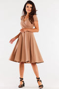 robe midi beige jersey coton stretch col V cache coeur manches courtes taille marquée jupe évasée genoux fluide