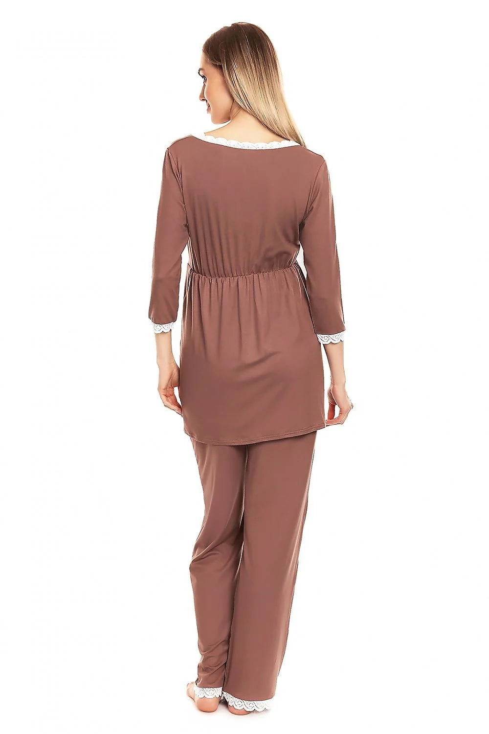 pyjama maternité allaitement viscose élasthanne marron cacao dentelle blanche cache coeur manches longues pantalon large élastique maille douce confortable
