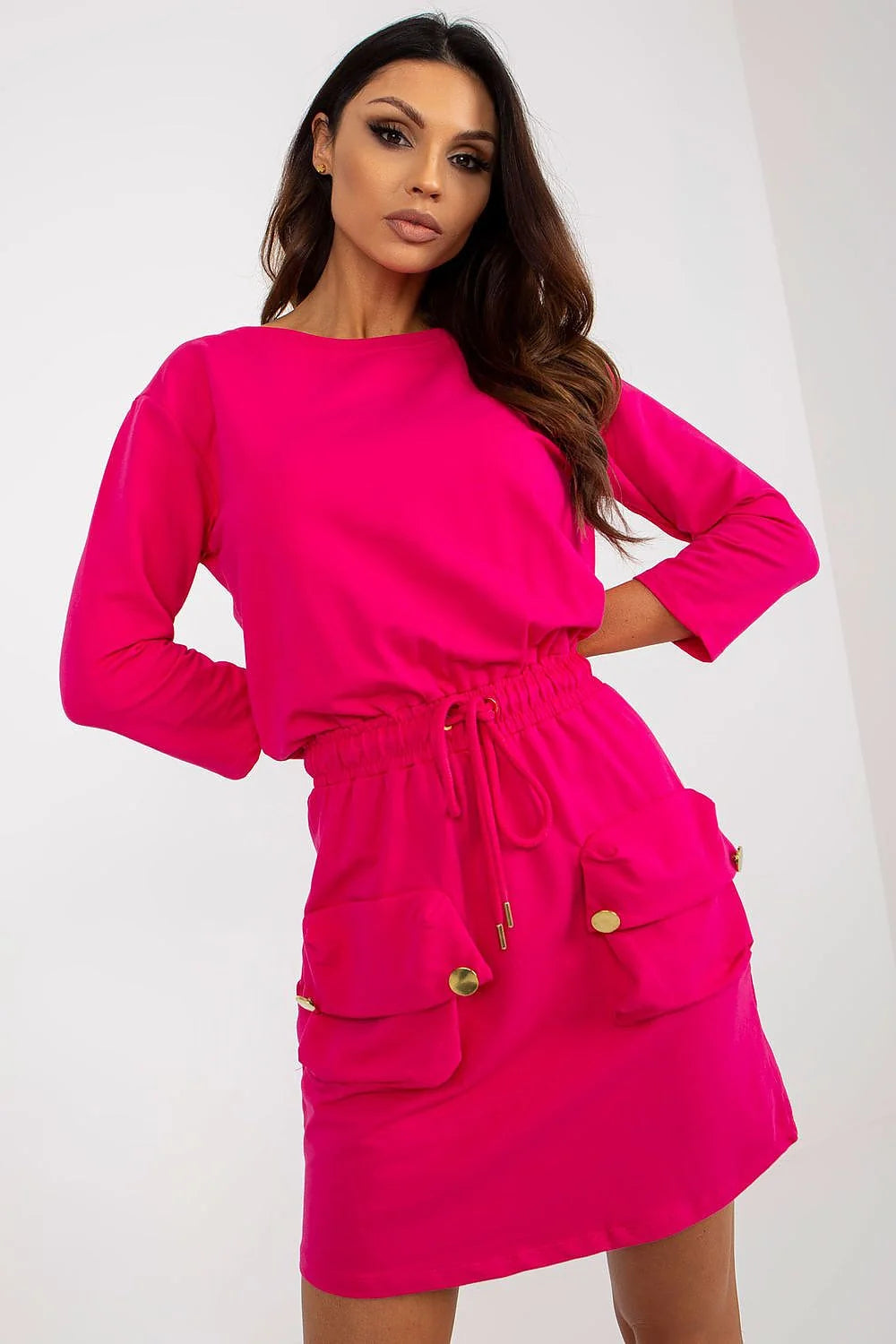 Robe de jour Och Bella moderne manches 3/4 couleur fuchsia poches intégrées ceinture dorée femme