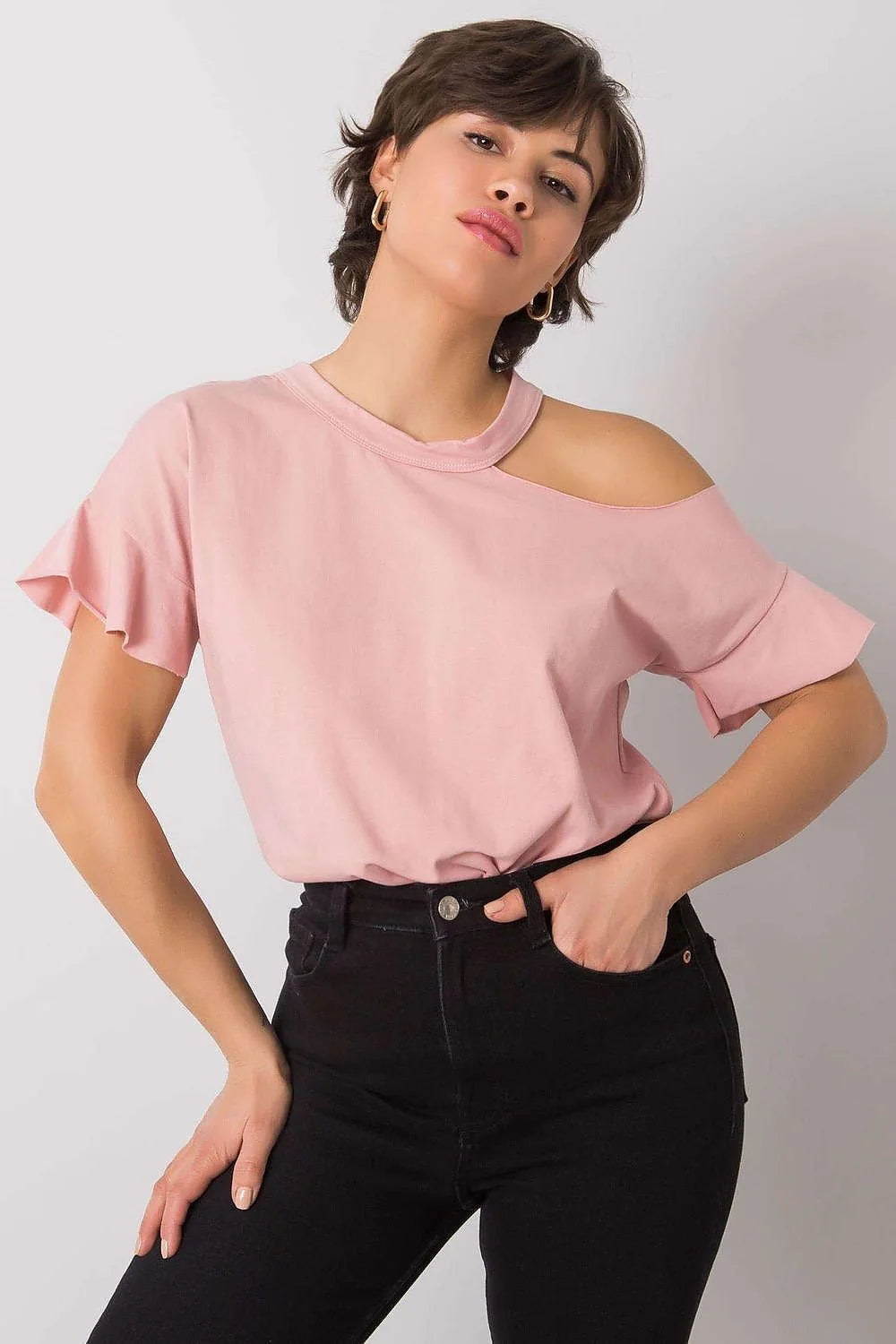 Blouse Fancy asymétrique pour femme, style cold shoulder, manches courtes, couleur rose vif, coton stretch, confortable, versatile, occasion多种