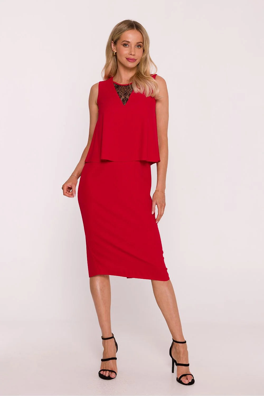 robe soirée crayon rouge vif mi longue top superposé double couche encolure V dentelle noire sans manches ajustée fente arrière