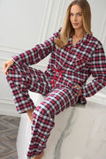 pyjama femme ensemble chemise nuit boutonnée colclassique mancheslongues passepoil broderie poitrine poche carreaux tartan flanelle douce pantalon tailleelastique