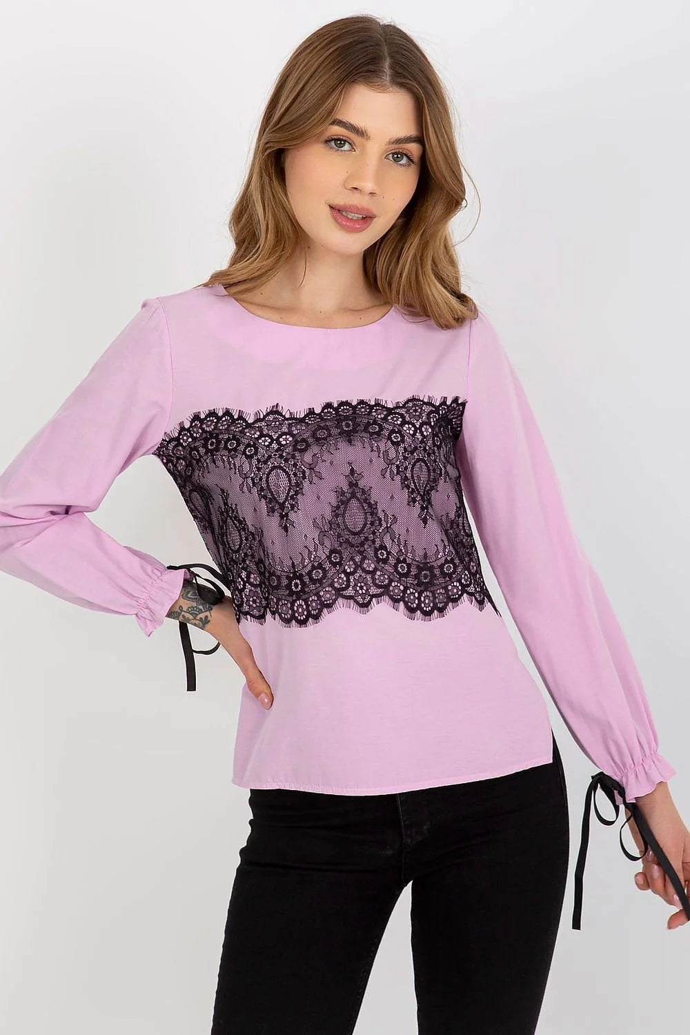 Chemisier Lakerta élégant pour femme manches longues dentelle noire rubans poignets tissu coton 100 % ajusté silhouette