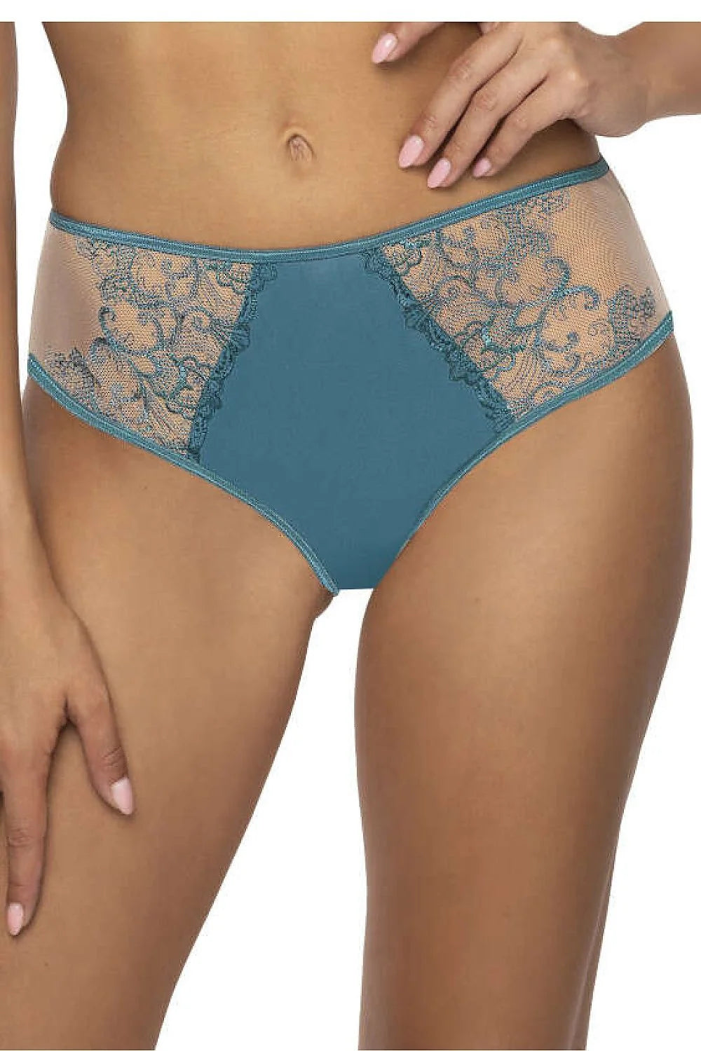 culotte mi haute microfibre beige violette bleu sarcelle dentelle tulle brodée transparente arabesques couvrante panneau central lisse maintien confort élégante