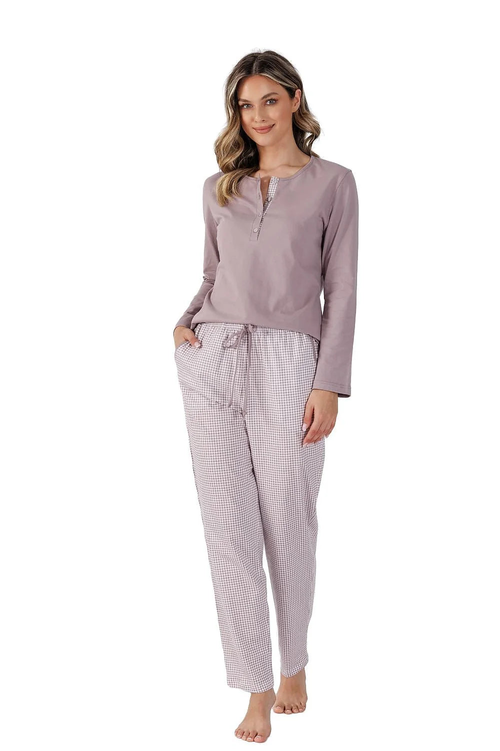pyjama femme confortable élégante manches longues col rond patte boutonnage trois boutons pantalon vichy mauve poudré taille élastique cordon serrage