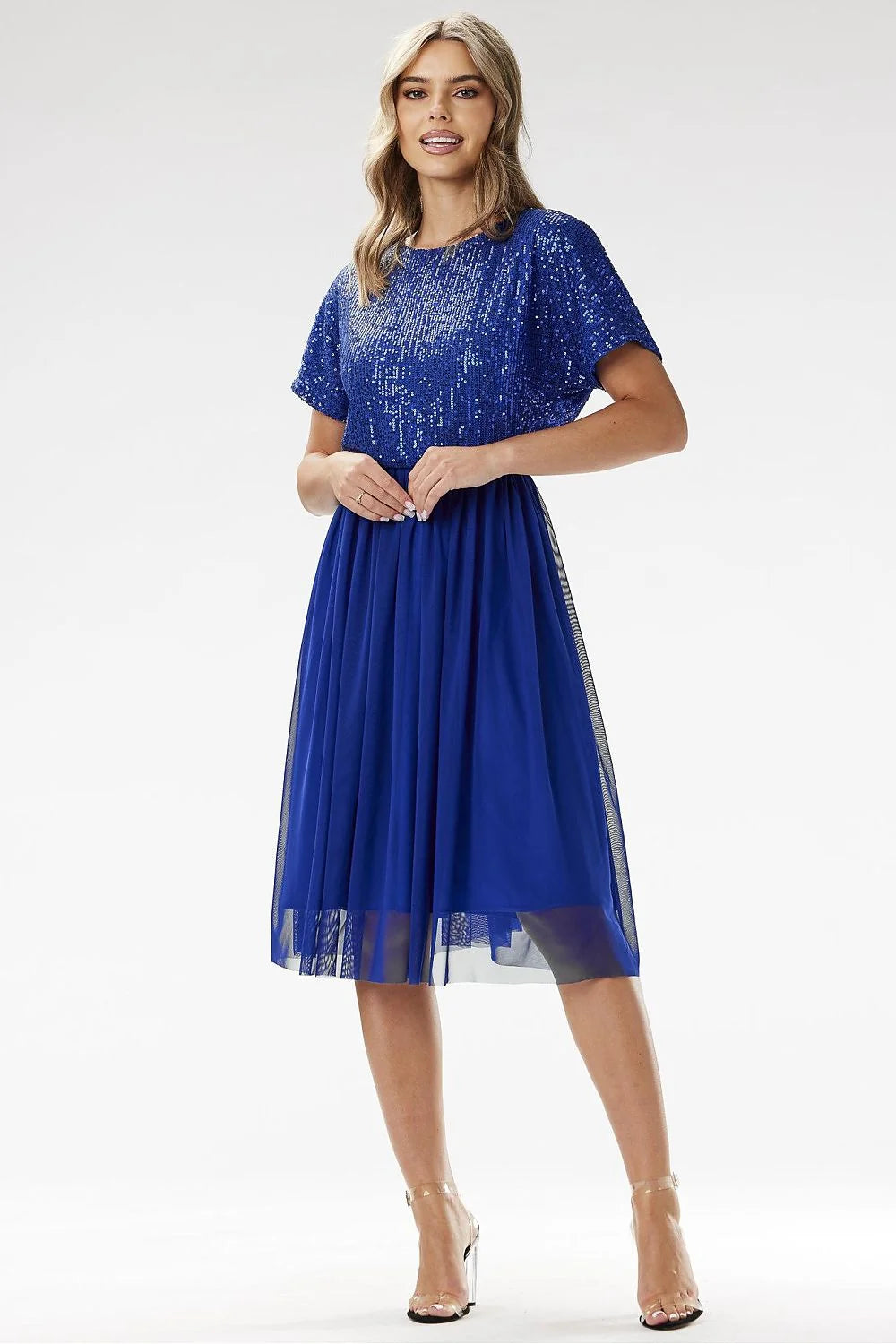 Robe de soirée élégante couleur bleue sequins tulle manches courtes encolure ronde A-line midi femme Awama Polonaise