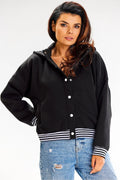 sweatshirt bomber femme capuche court coton élasthanne noir oversize molleton manches longues poignets côtelés rayures blanches pressions poches zippées sport