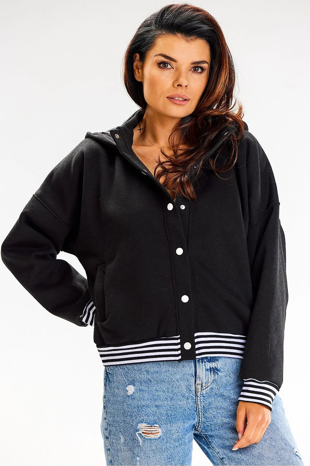 sweatshirt bomber femme capuche court coton élasthanne noir oversize molleton manches longues poignets côtelés rayures blanches pressions poches zippées sport