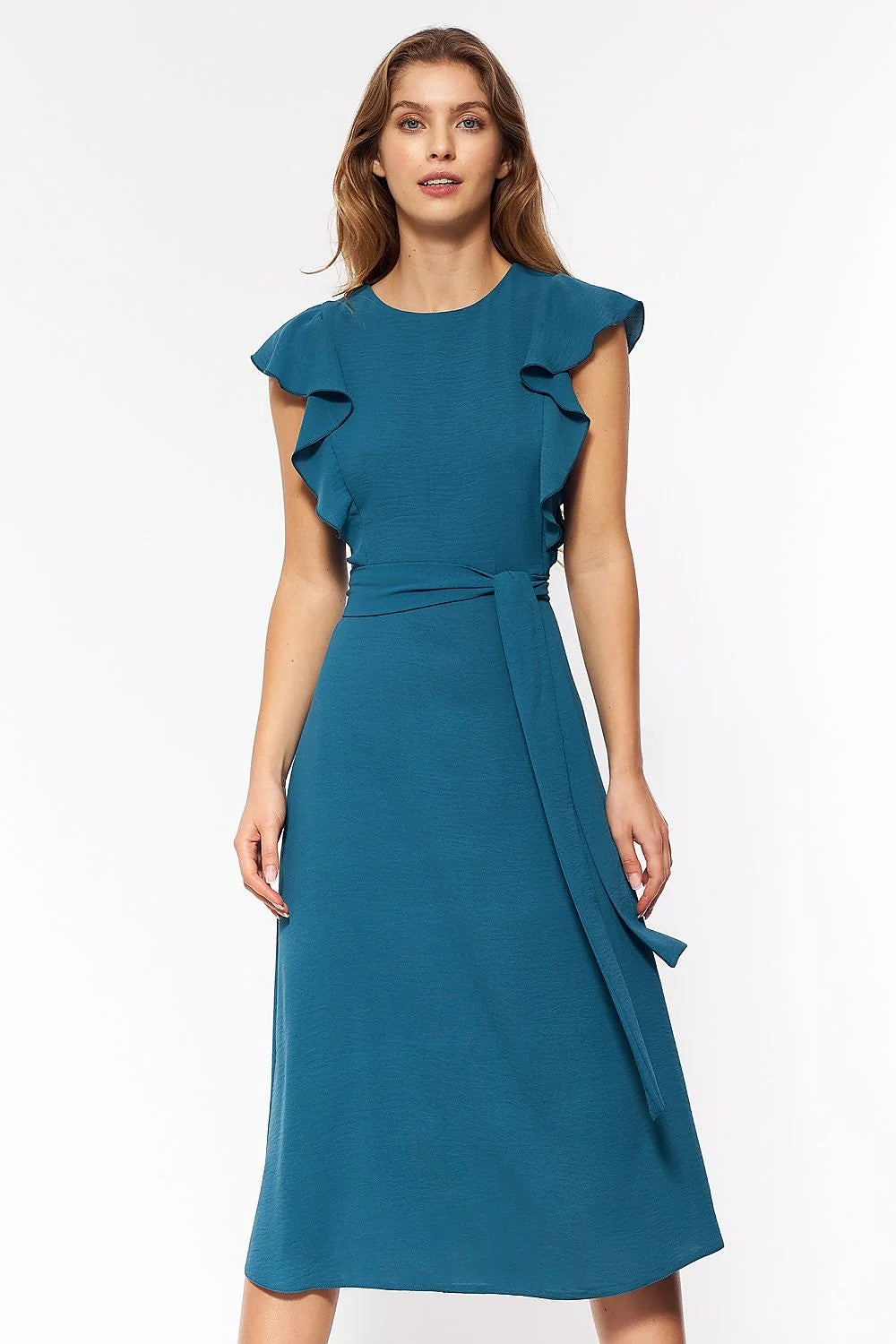 Robe élégante pour femme en tissu bleu pétrole manches volants coupe midi ceinture assortie taille ajustable