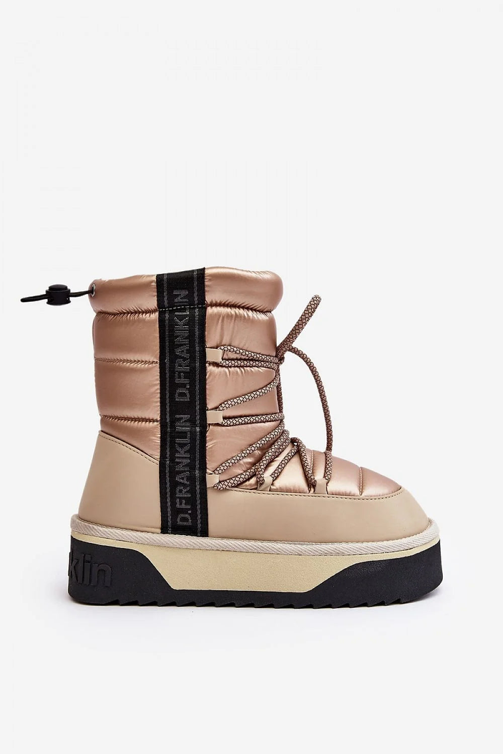 bottes neige femme matelassées métallisées bronzées beiges synthétiques véganes imperméables doublures fourrures blanches semelles plateformes crantées antidérapantes