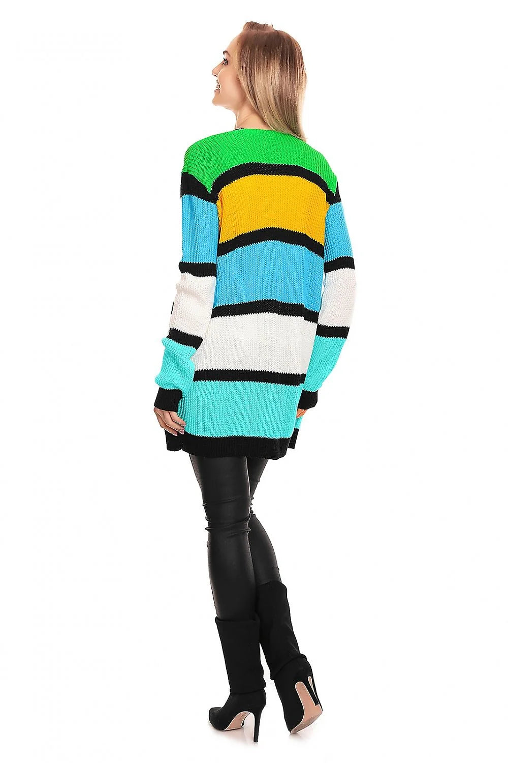 Cardigan audacieux pour femme, motifs géométriques, couleurs vives, manches longues, sans fermeture, maille épaisse, style moderne, confort optimal, idéal pour tous les jours