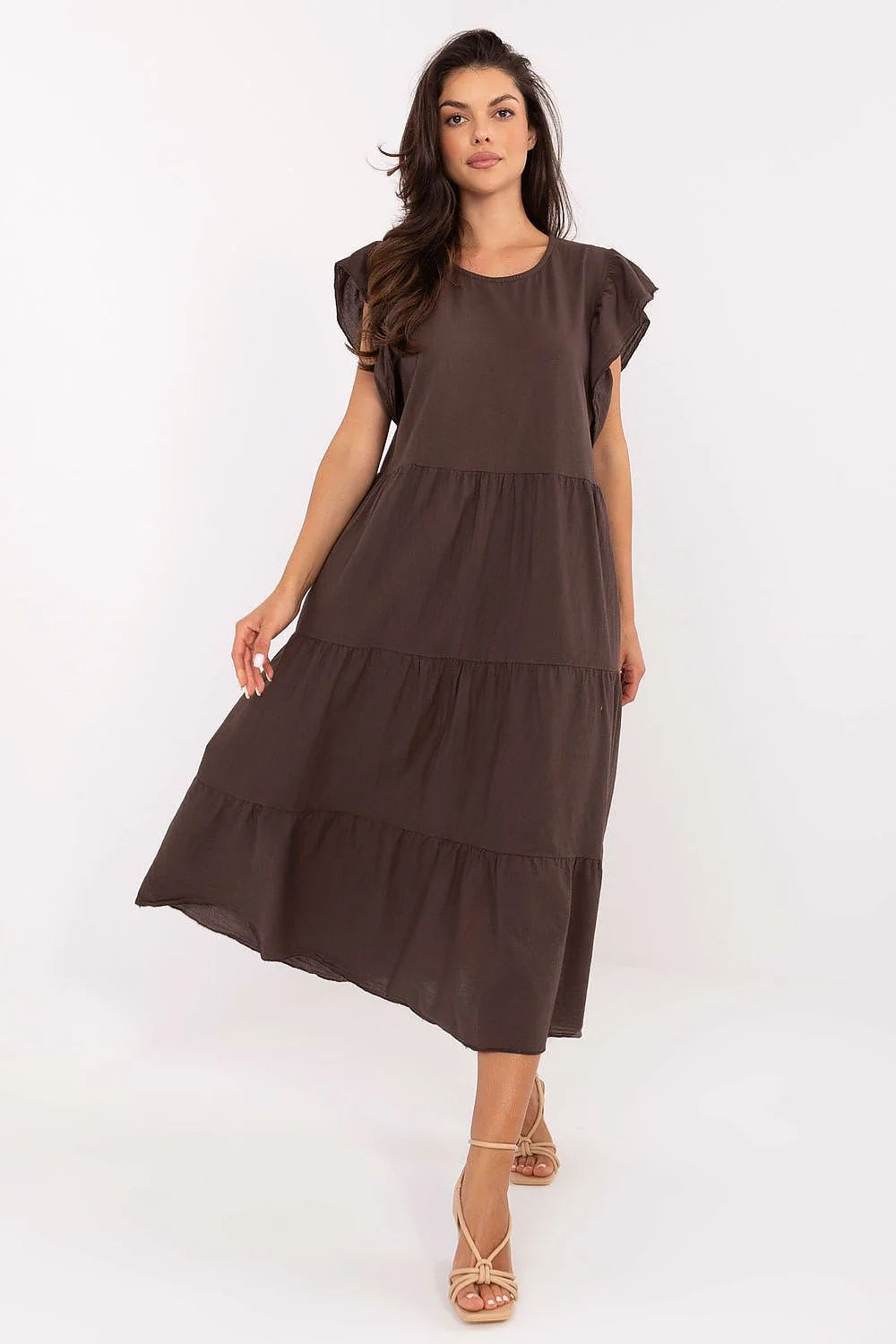 Robe bohème longue en coton manches courtes volants dos lacing couleur marron foncé femme