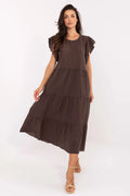 Robe bohème longue en coton manches courtes volants dos lacing couleur marron foncé femme