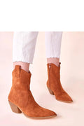 bottines cowboy femme talons hauts empilé daim cognac cuir suédé écologique cheville bout pointu zip latérale surpiqûres confortable semelle solide