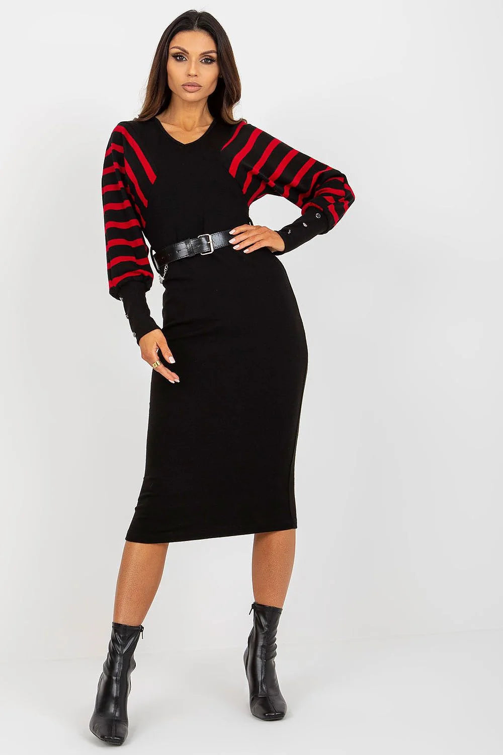 Robe élégante pour femme manches longues rayures rouge vif coupe crayon ceinture noire matériau maille extensible couleur noire