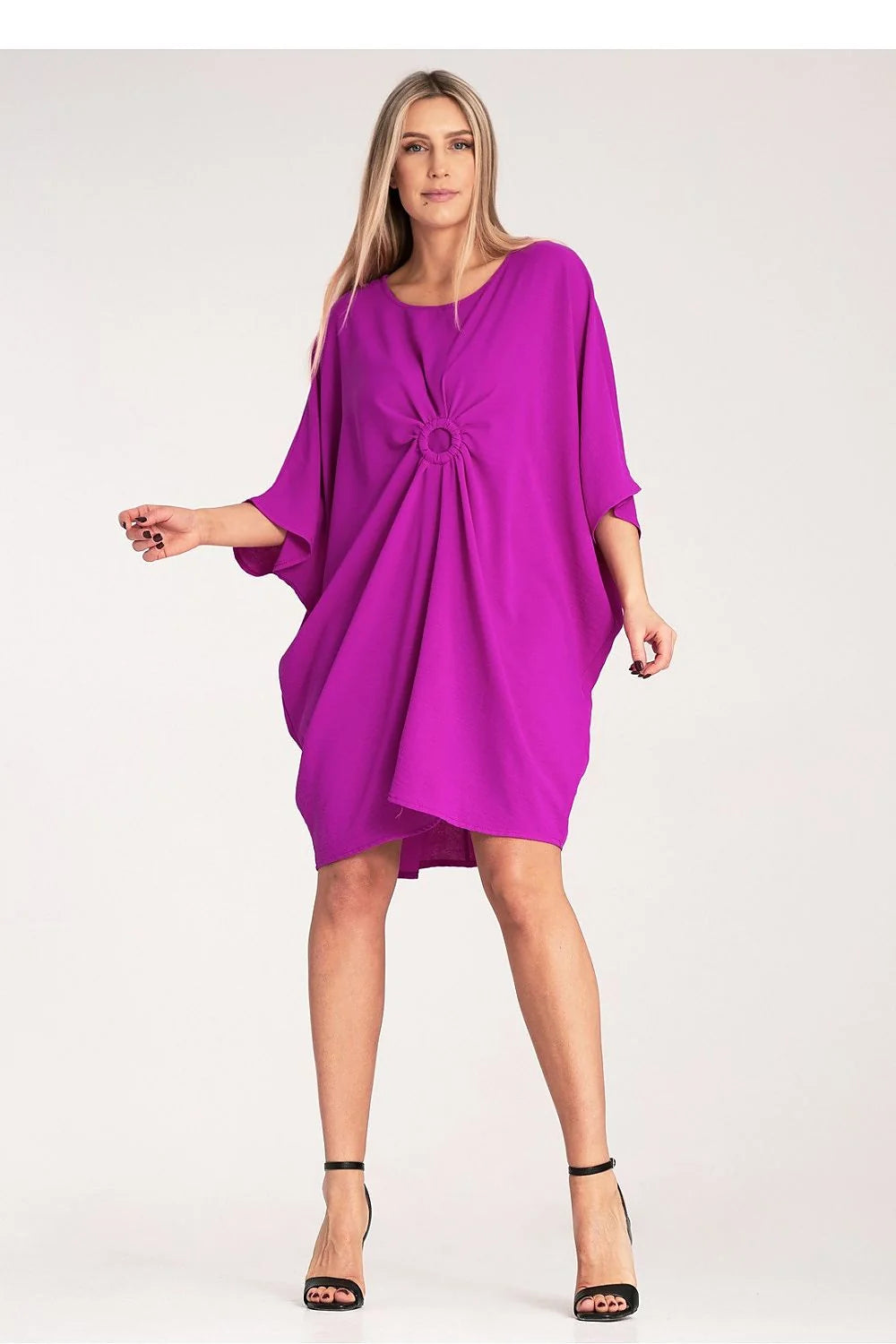 Robe de jour moderne pour femme couleur violet manches courtes détail circulaire polyester robe asymétrique tailles S à XL