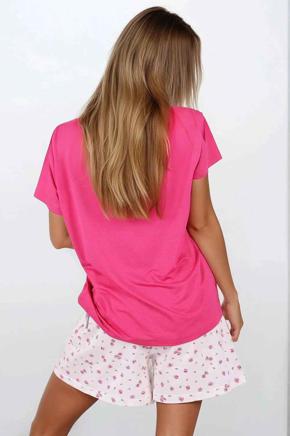 pyjama femme fuchsia tshirt manches courtes col rond coupe ample jersey doux short blanc imprimé floral rose taille élastique confort