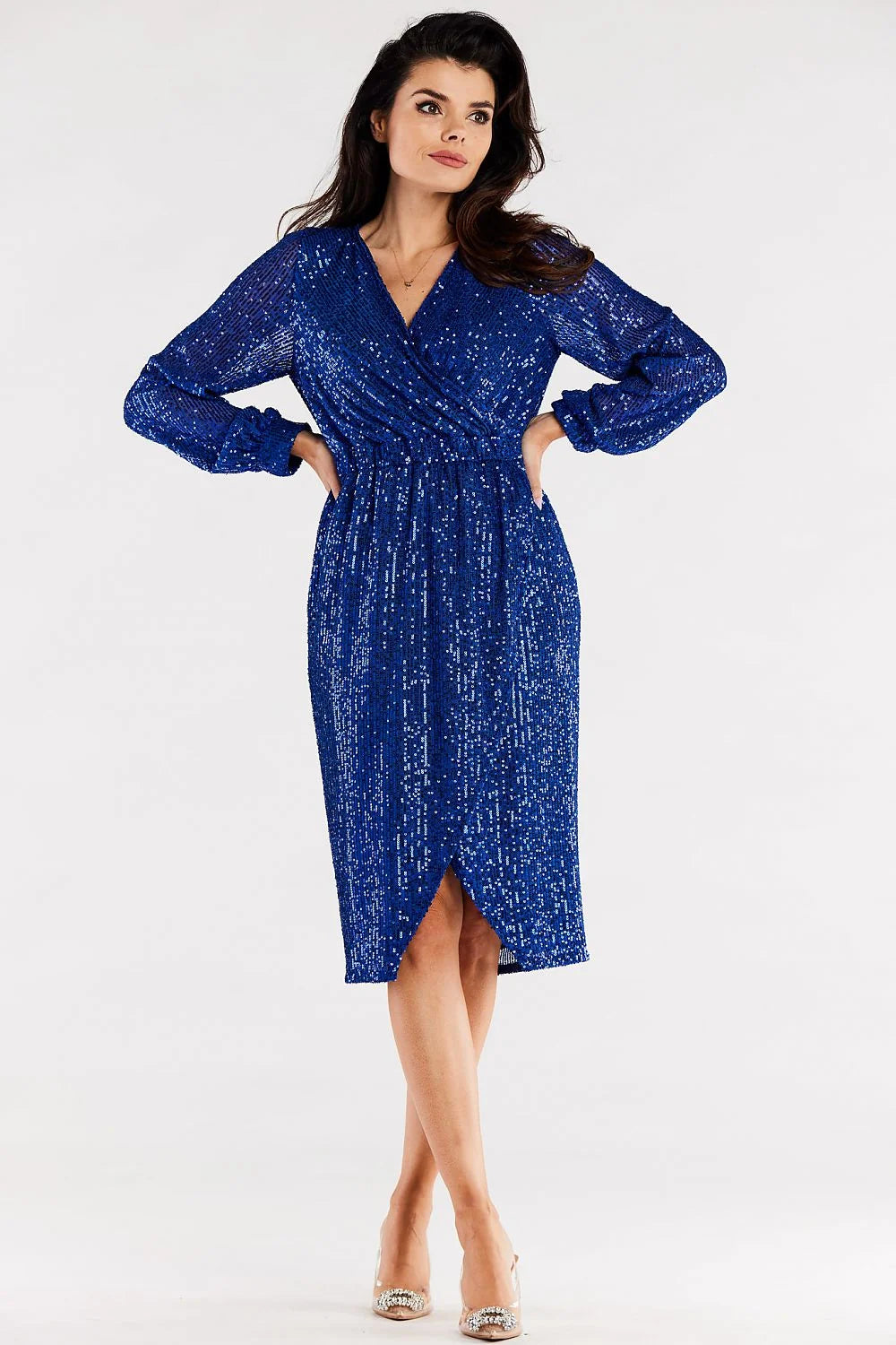robe soirée longue manches longues décolleté V croisé sequins rouge portefeuille taille ajustable paillettes fente frontale bouffantes doublure élasthanne polyester