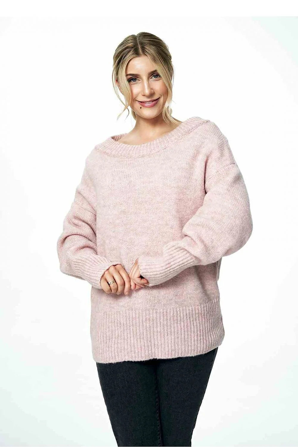 Pull ample pour femme en laine acrylique et polyester, rose pastel, manches longues côtelées, col rond, style classique, doux et confortable