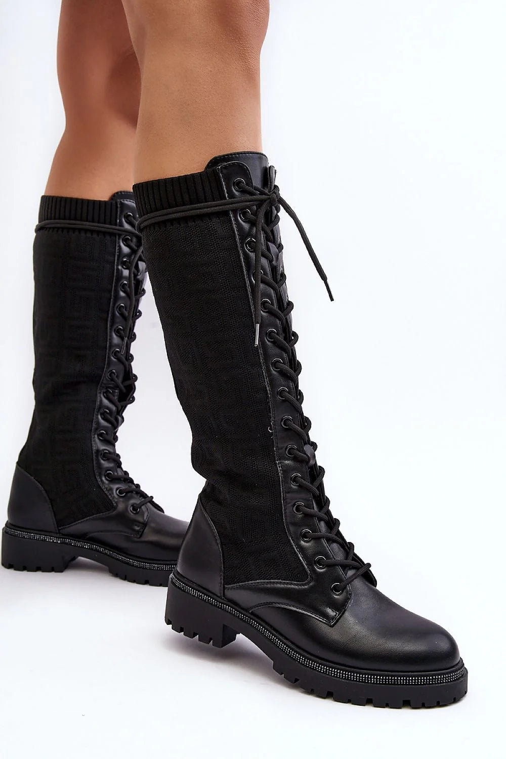 Bottes cuissardes cuir écologique modernes élégantes lacées noires résistantes automne hiver pour femmes stylées