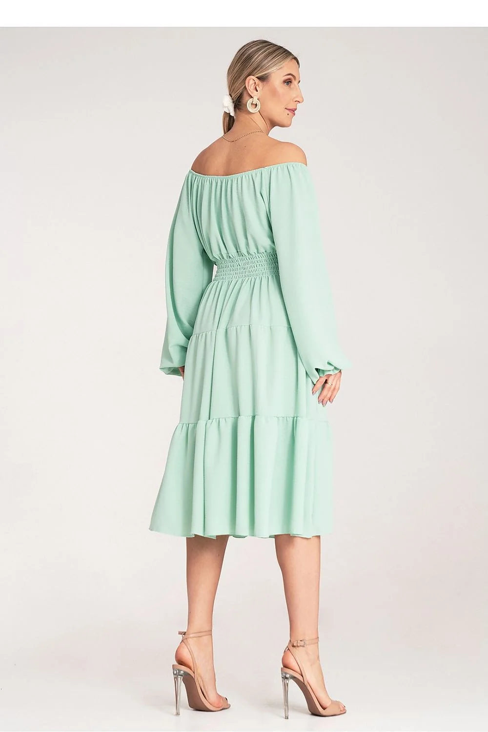 Robe femme vert menthe longue manches bouffantes élastique taille smockée polyester elasthanne occasion estivale mode féminine