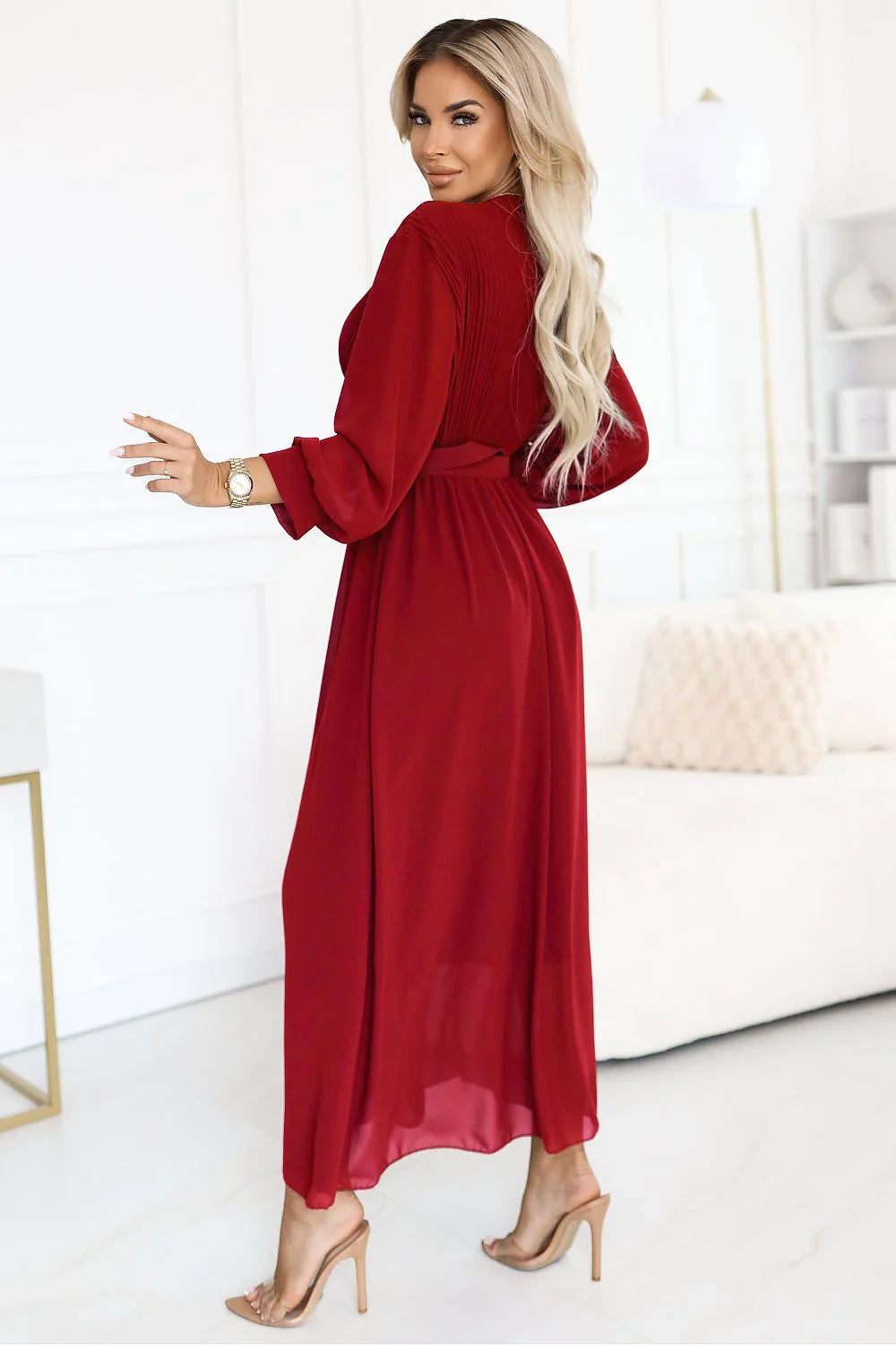 robe maxi longue soirée femme bordeaux fluide chiffon manches bouffantes corsage plissé décolleté coeur taille marquée ceinture boucle