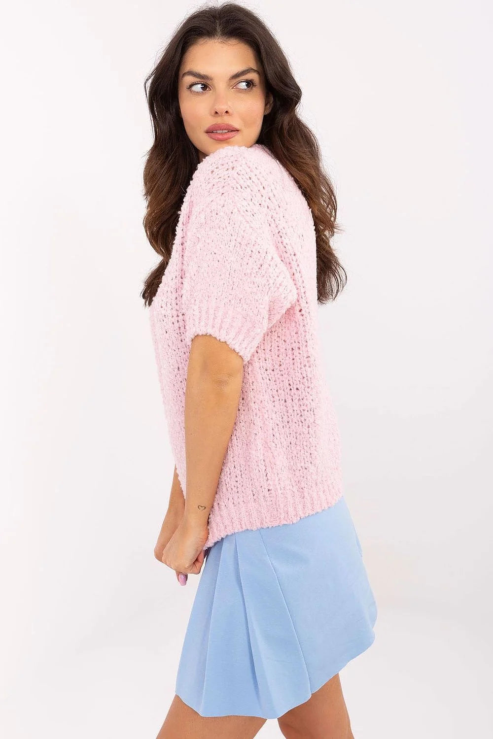 Pull à manches courtes Italy Moda élégant casual été rose pâle jupe plissée bleu clair femmes mode hauts vestes