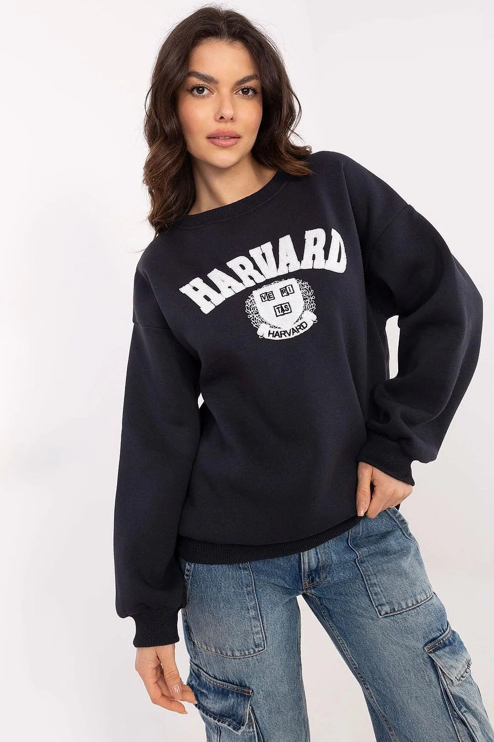Sweatshirt femme design universitaire Harvard couleur bleu marine manches longues coupe ample