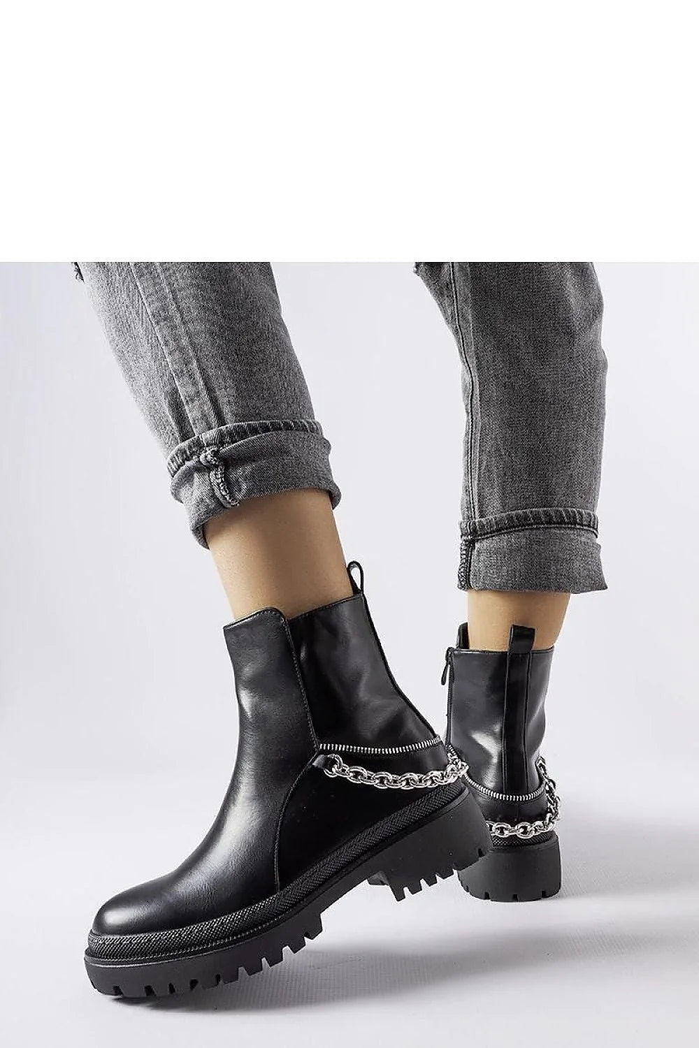 Bottines pour femme design audacieux cuir noir chaîne argentée talon plat semelle épaisse fermeture éclair