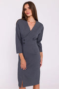 Robe élégante pour femme en tissu gris anthracite, coupe crayon, manches trois-quarts, encolure V, fente devant, occasion professionnelle et formelle
