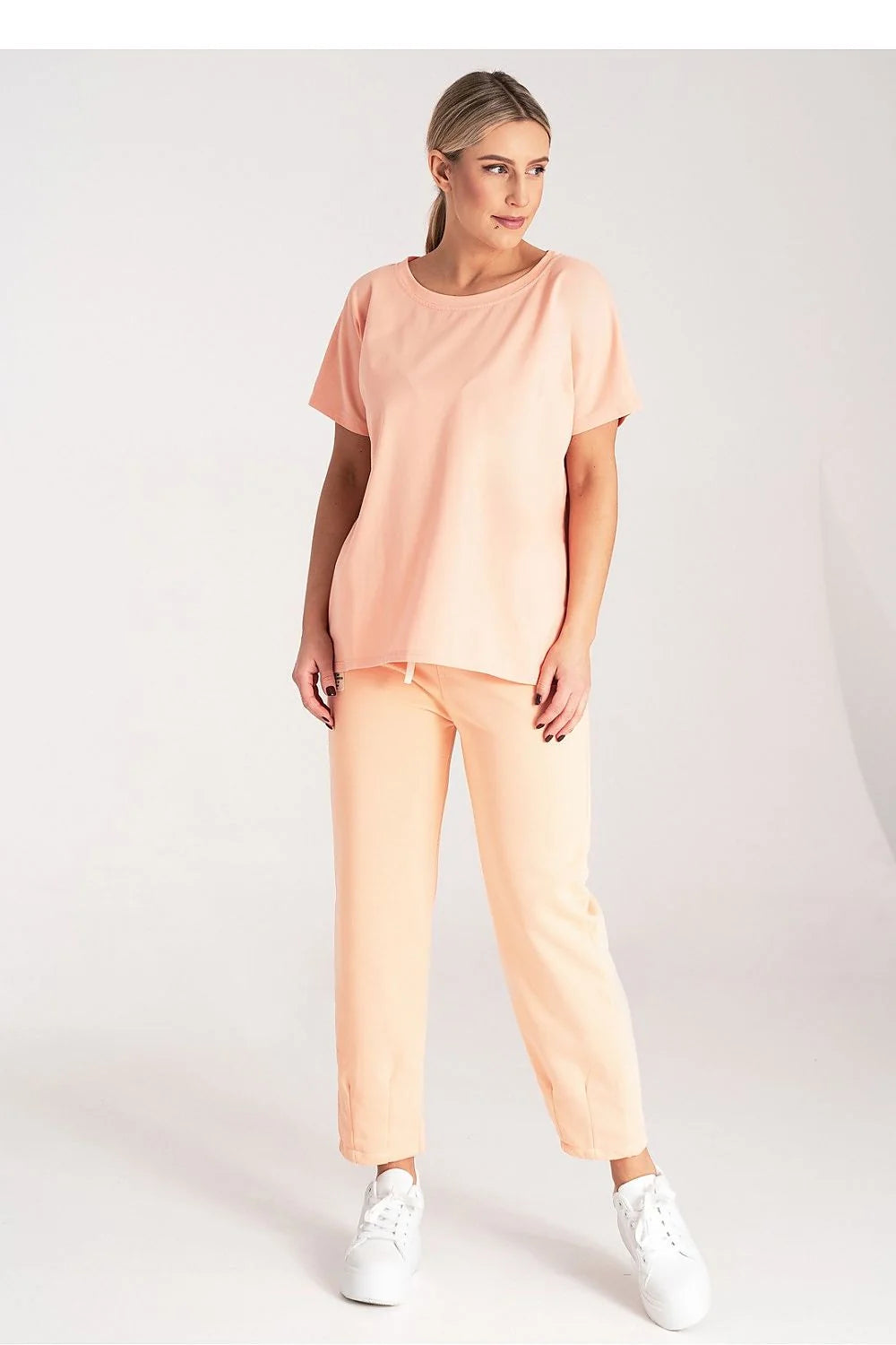 T-shirt femme ample manches courtes col rond coton élasthanne rose pêche