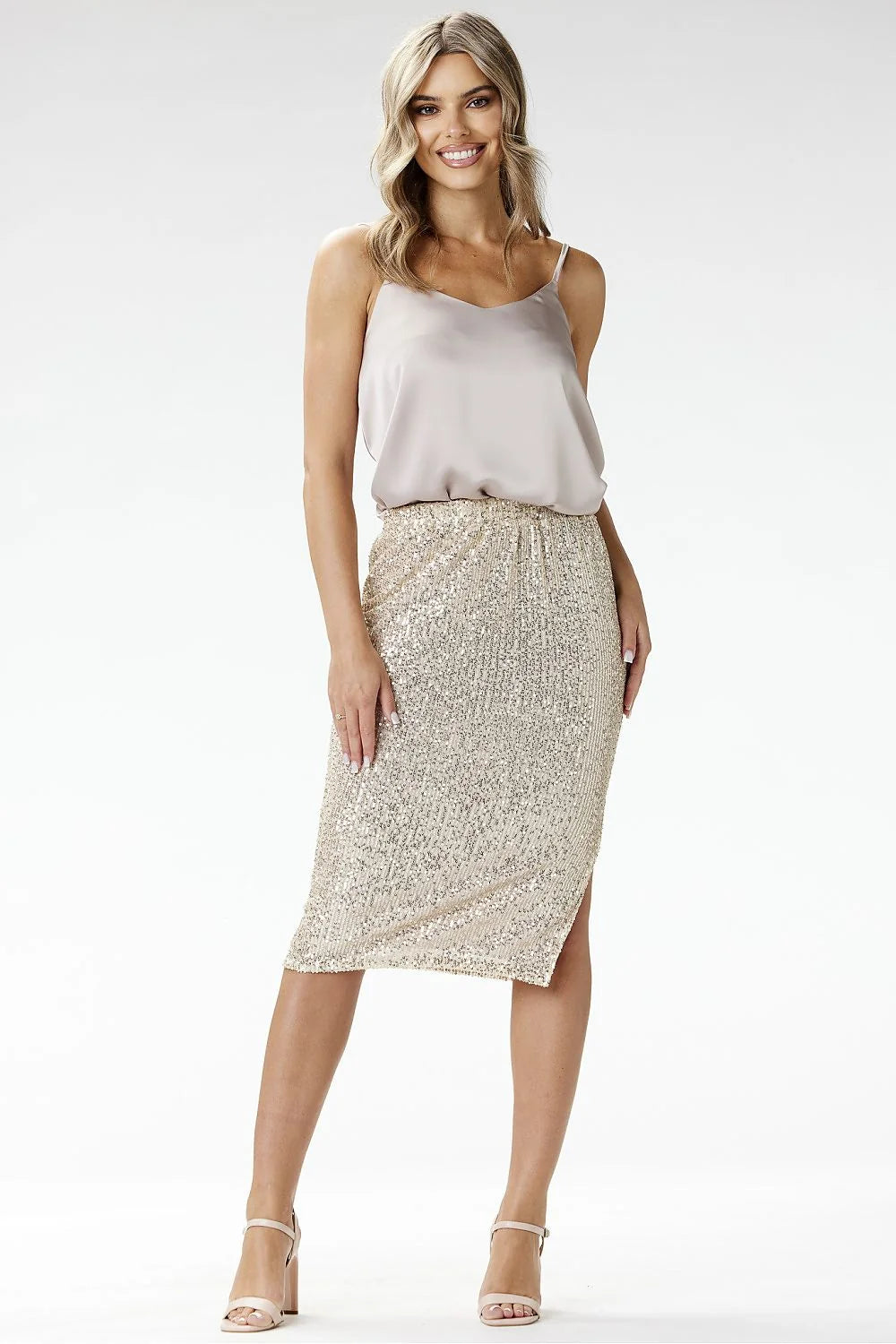 Ensemble femme Awama haut et jupe sequins dorés occasion spéciale soiré longueur genou élastique ajustable modern