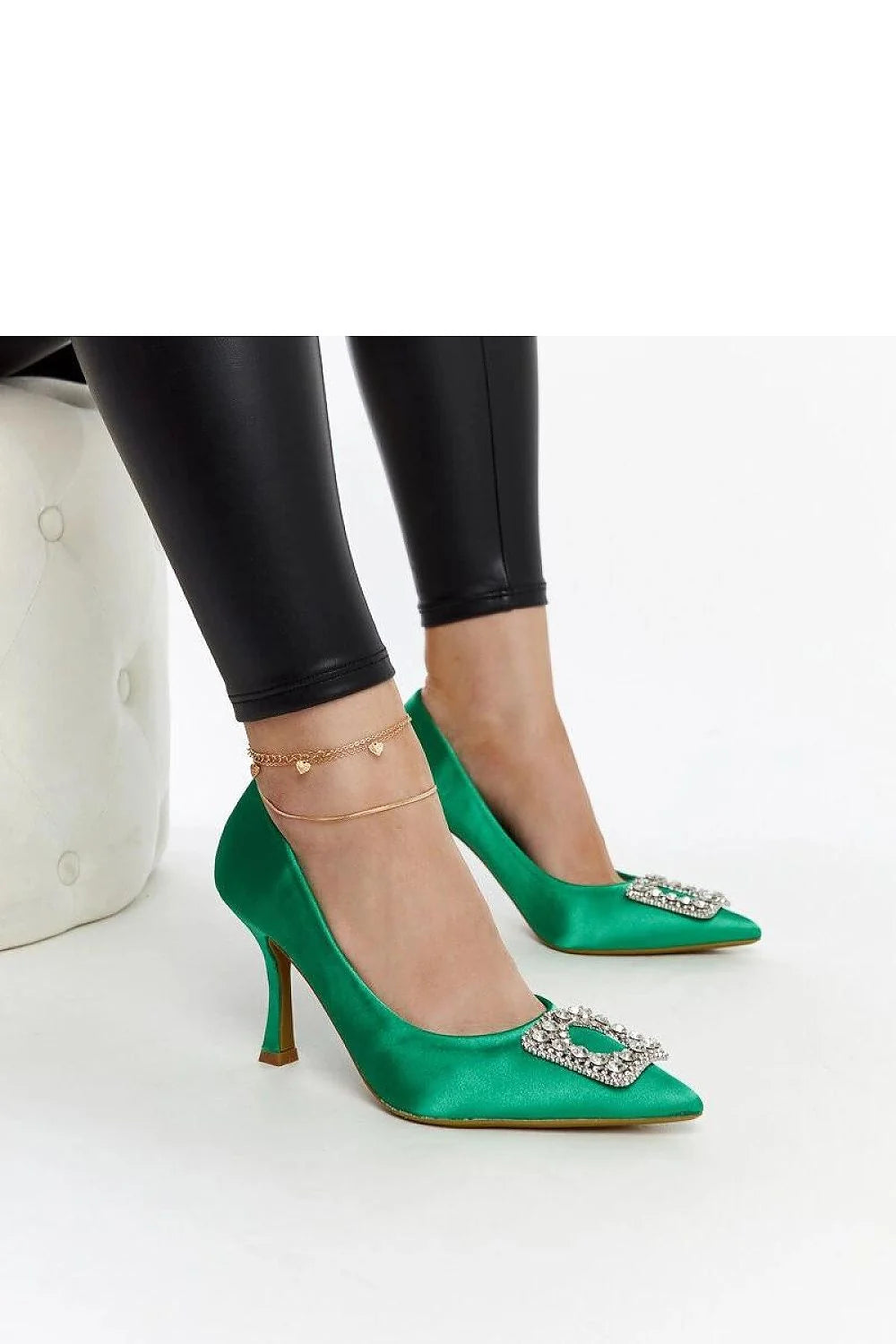 Escarpins à talons hauts Solea en satin vert zircons élégants design sophistiqué pour femmes soirée événement