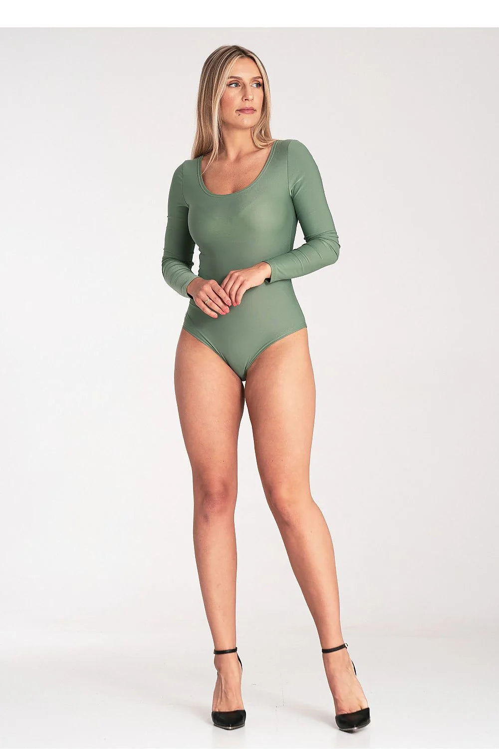 Body pour femme élégant manches longues encolure ronde couleur olive vert doux matériau extensible confortable coupe près du corps moderne style intemporel polyvalent