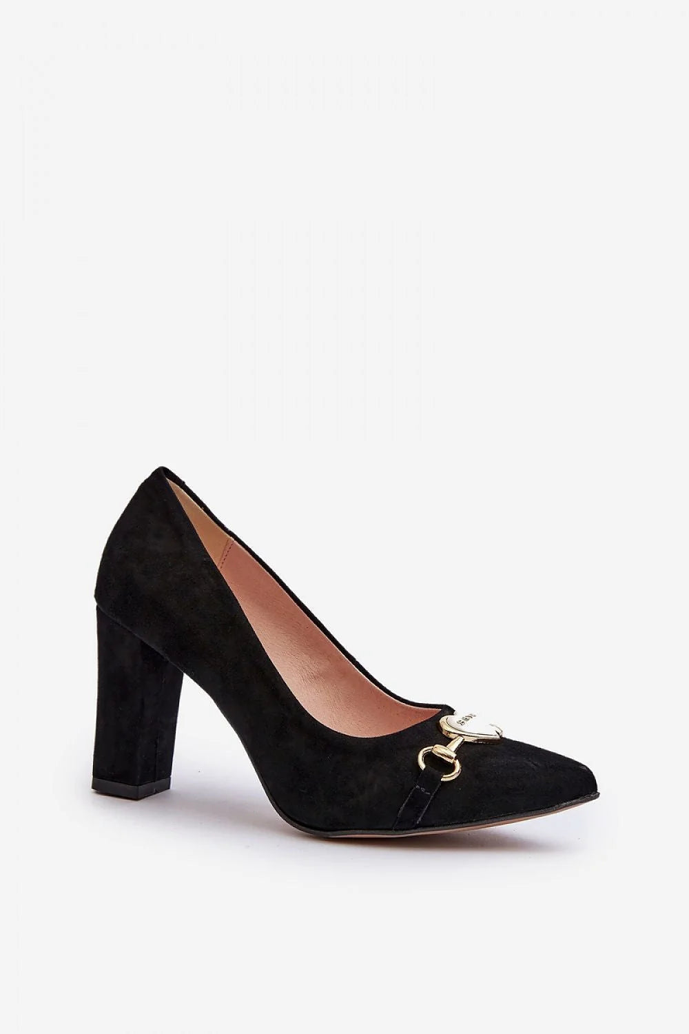 Escarpins talon large stiletto pointu cuir suédé noir doré cœur chaîne bijou cheville soirée travail femmes