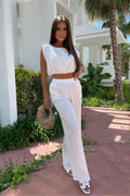 Ensemble La Balancia femme été mousseline blanc tissu respirant élastique waist pantalon large chemisier sans manches