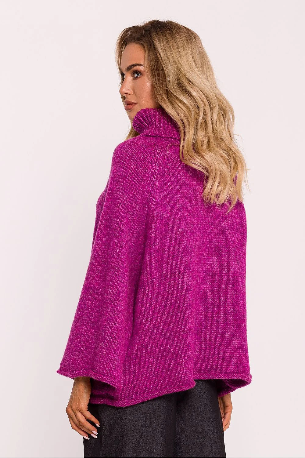 Pull à col roulé femme maille épaisse violet vibrant oversize manches longues coupe ample automne-hiver confort style moderne Poland polyacrylonitrile polyester laine