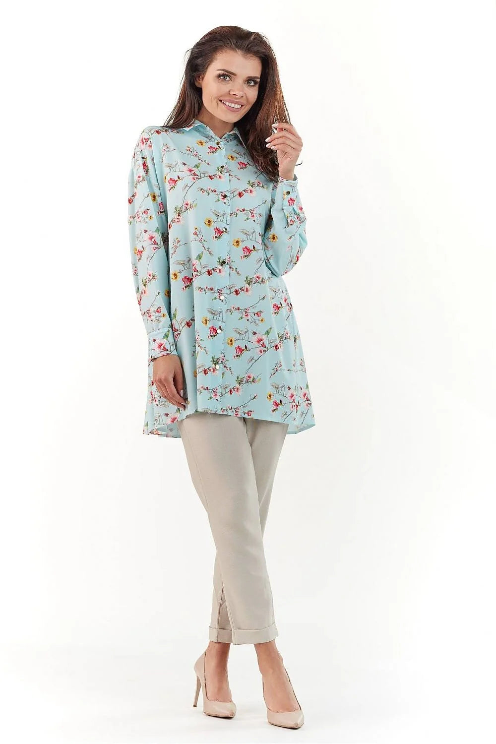 ensemble tunique pantalon floral rose pale polyester manches longues coupe droite semiformelle fluide doux col chemise mi cuisse