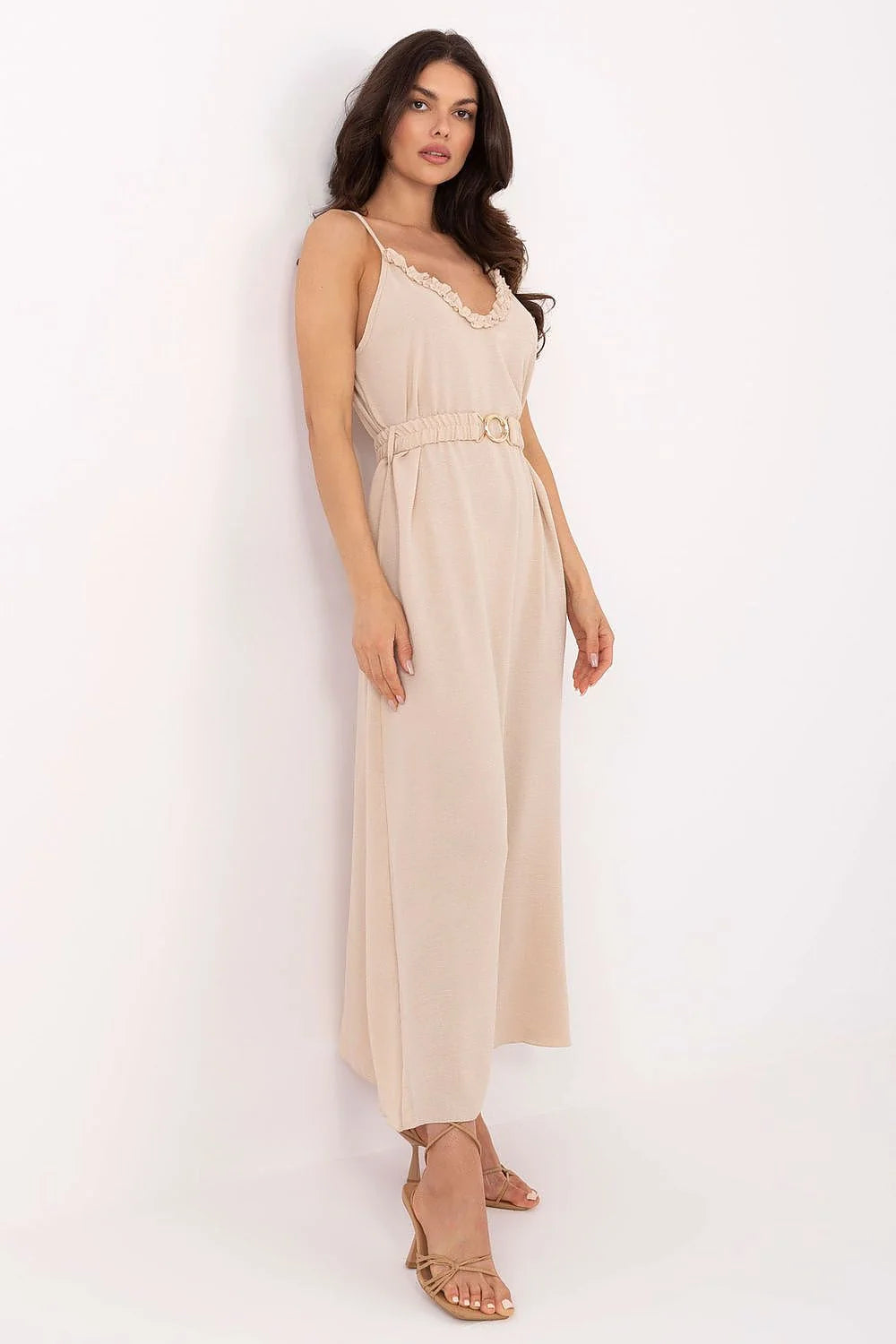 Robe d'été longue à bretelles Och Bella décolleté en V volant beige clair élégante femmes sorties quotidiennes