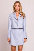 Ensemble tailleur élégant moderne pour femmes en bleu pastel doux, veste courte à col classique et jupe mini droite en polyester et viscose
