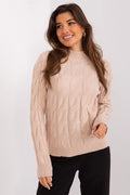 Pull-over femme design moderne tricot torsadé matière douce couleur beige clair col côtelé manches longues coupe ajustée veste mode