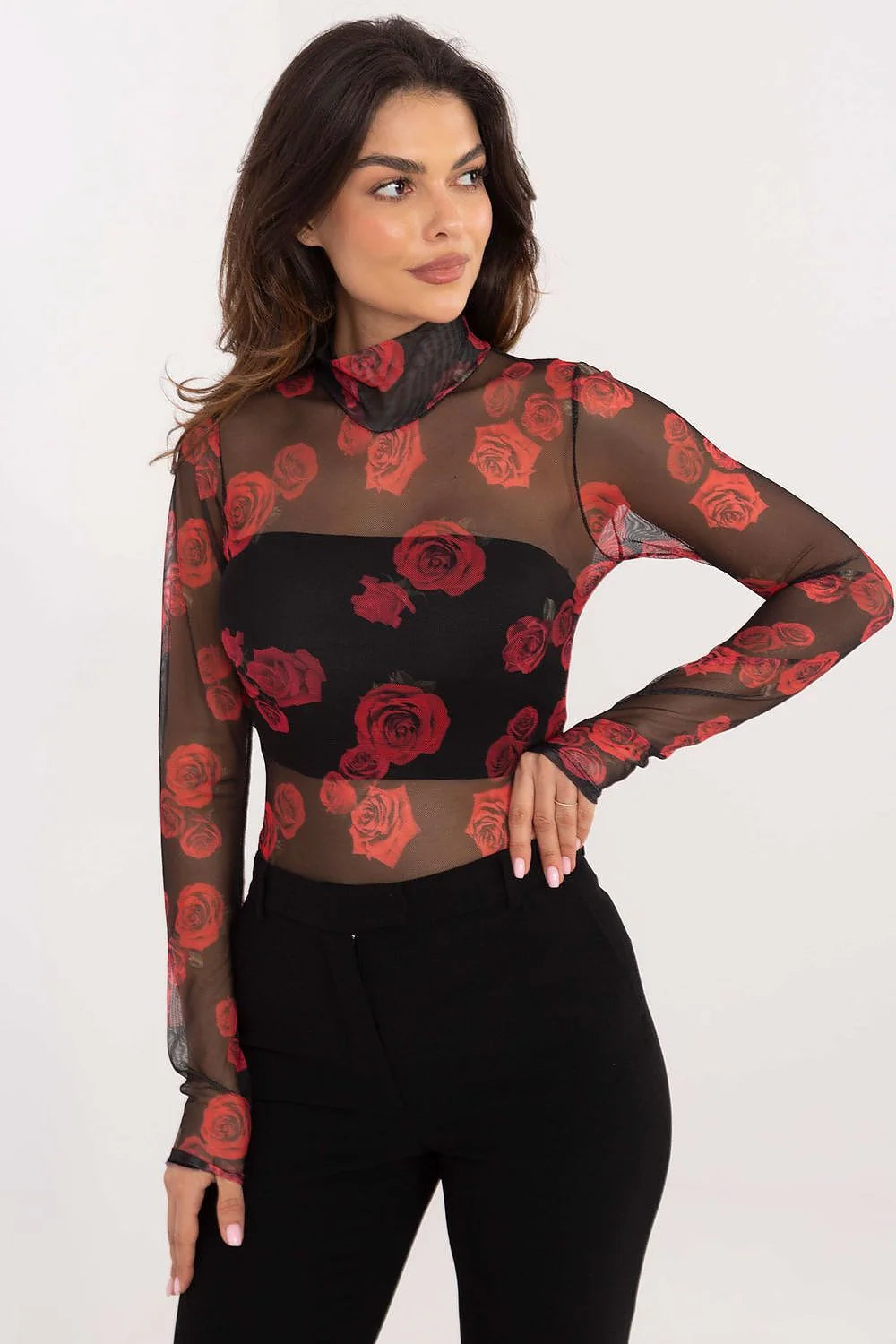 Chemisier Italy Moda en mesh transparent, manches longues, col rond, motif floral, élégant, sexy, pour femme, occasion特殊