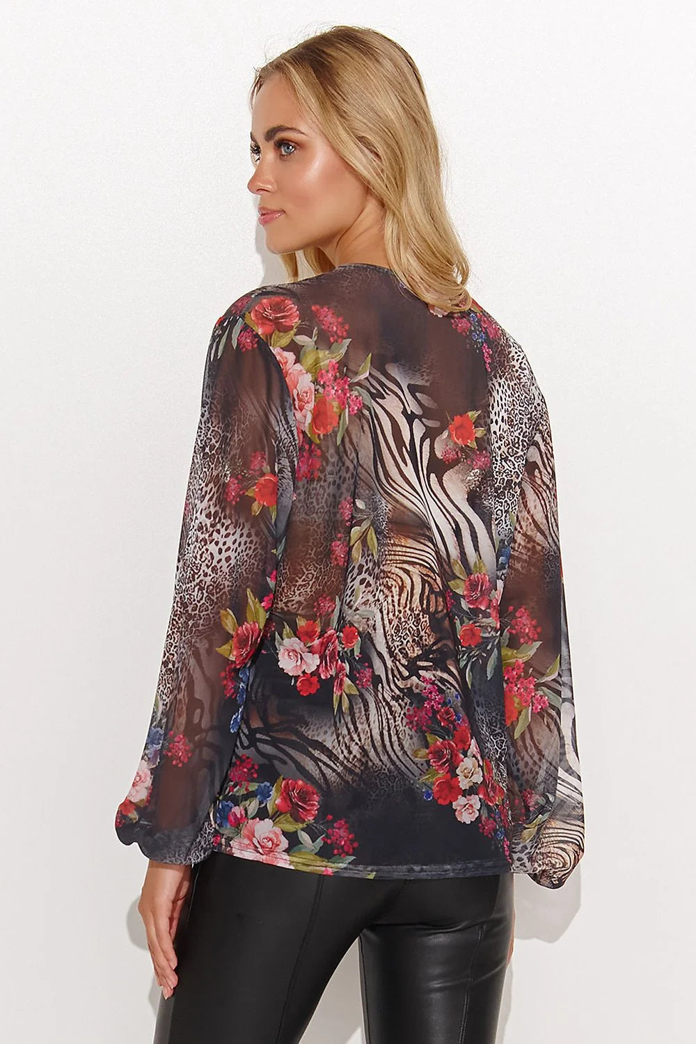 Chemisier femme Makadamia coupe ample motifs animaliers et floraux manches longues tissu fluide couleur noire et gris occasion spéciale