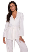 Ensemble femme blazer chemisier manches longues pantalon droit taille ajustable style élégant matériau léger couleur blanc pur