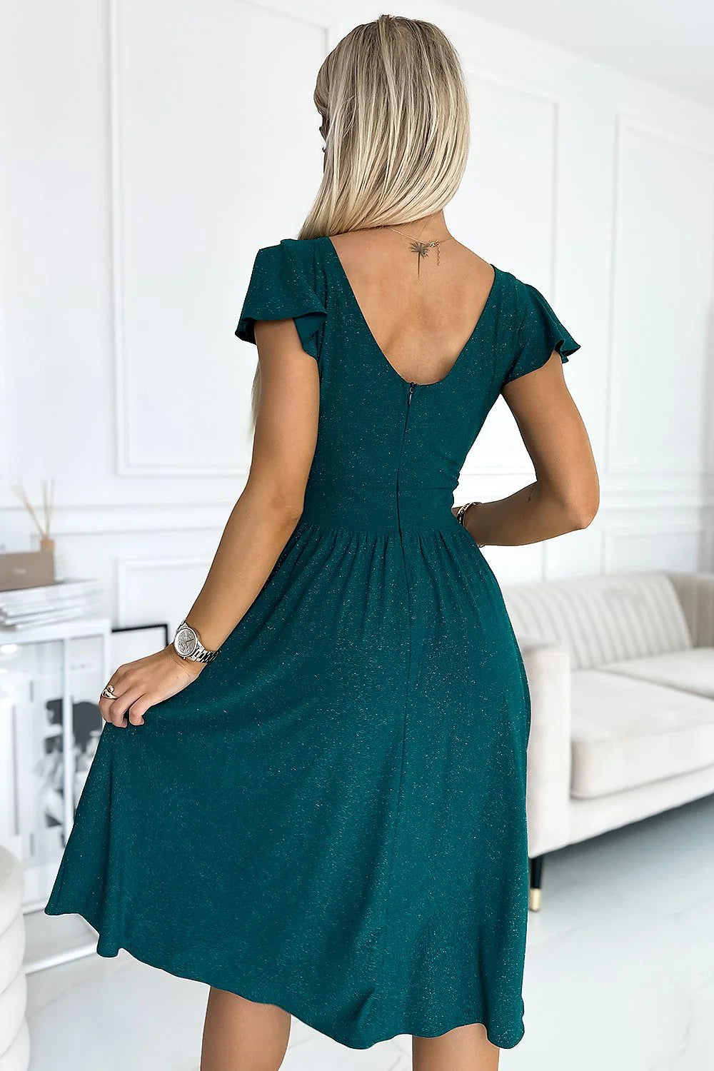 Robe de soirée élégante Numoco vert émeraude manches courtes encolure V croisée taille ajustable femmes
