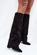 bottes hautes femme suède noir effet slouch pullon revers montant talon bloc 11cm pointues isolantes doublées semelles fines élégantes