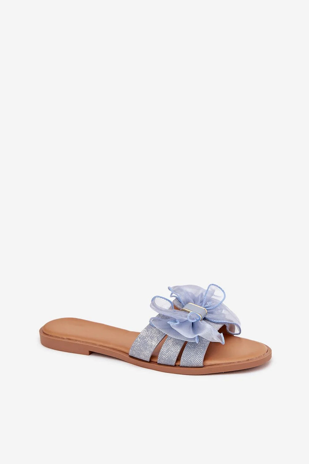 Sandales pour femmes style estival tissu textile nœud tulle talon plat beige clair bleu pastel