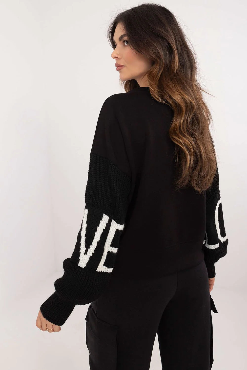 ensemble casual femme deux pièces noir rayures manches longues oversize coupe ample pantalon taille élastique poches cordons argentés