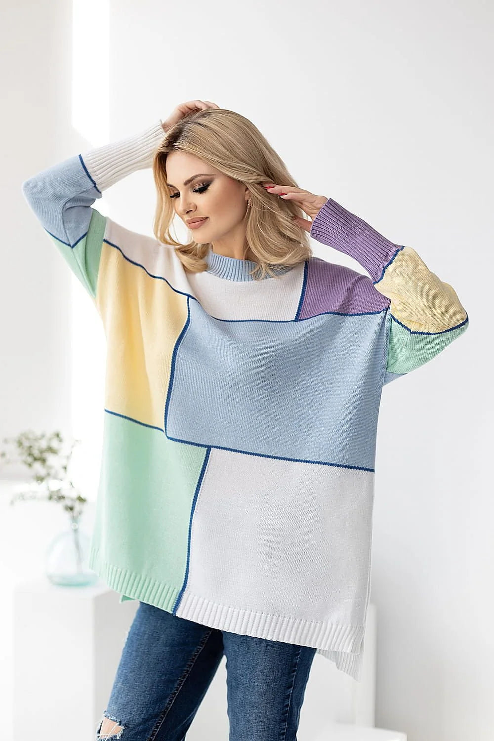 Pull-over patchwork coloré pour femme, ample, manches longues, style casual, coton acrylique, motifs pastel asymétriques, longueur hanches